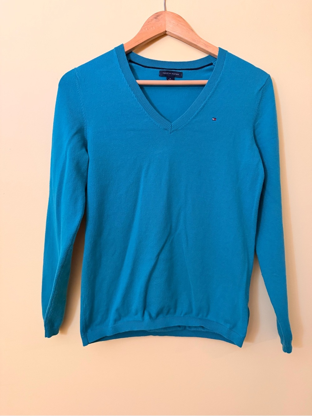 Tommy Hilfiger Teal Green V-Neck Cotton Blend Sweater Size M
